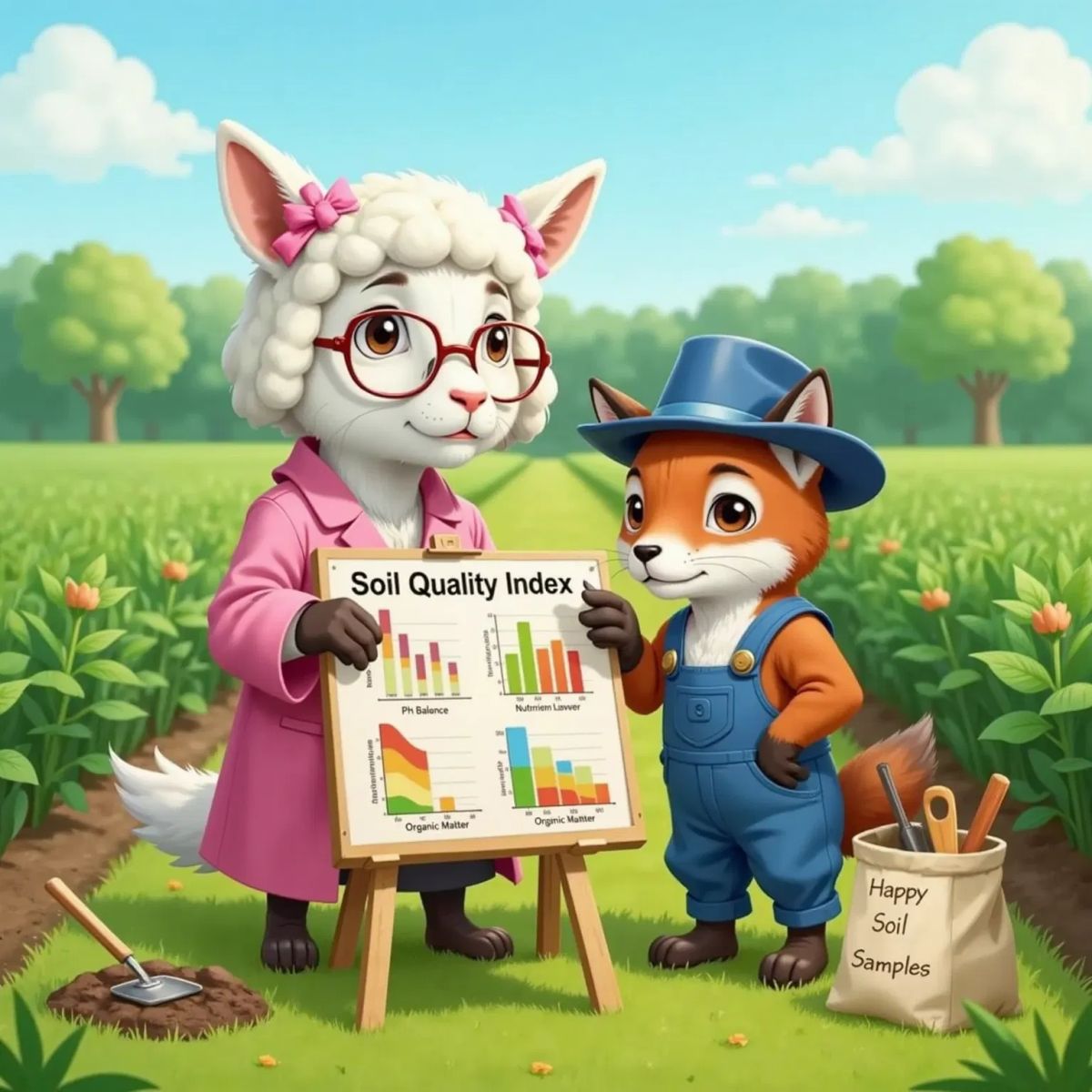 Sandy the Soil Scientist explaining the Soil Quality Index to Farmer Fox, both looking hopeful