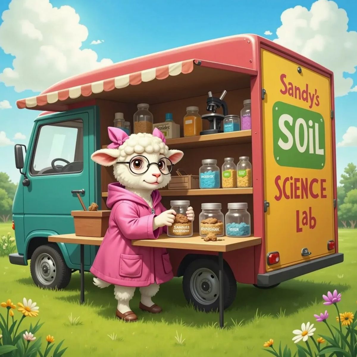 Sandy the Soil Scientist setting up a mobile laboratory in a truck, soil samples labeled on a table