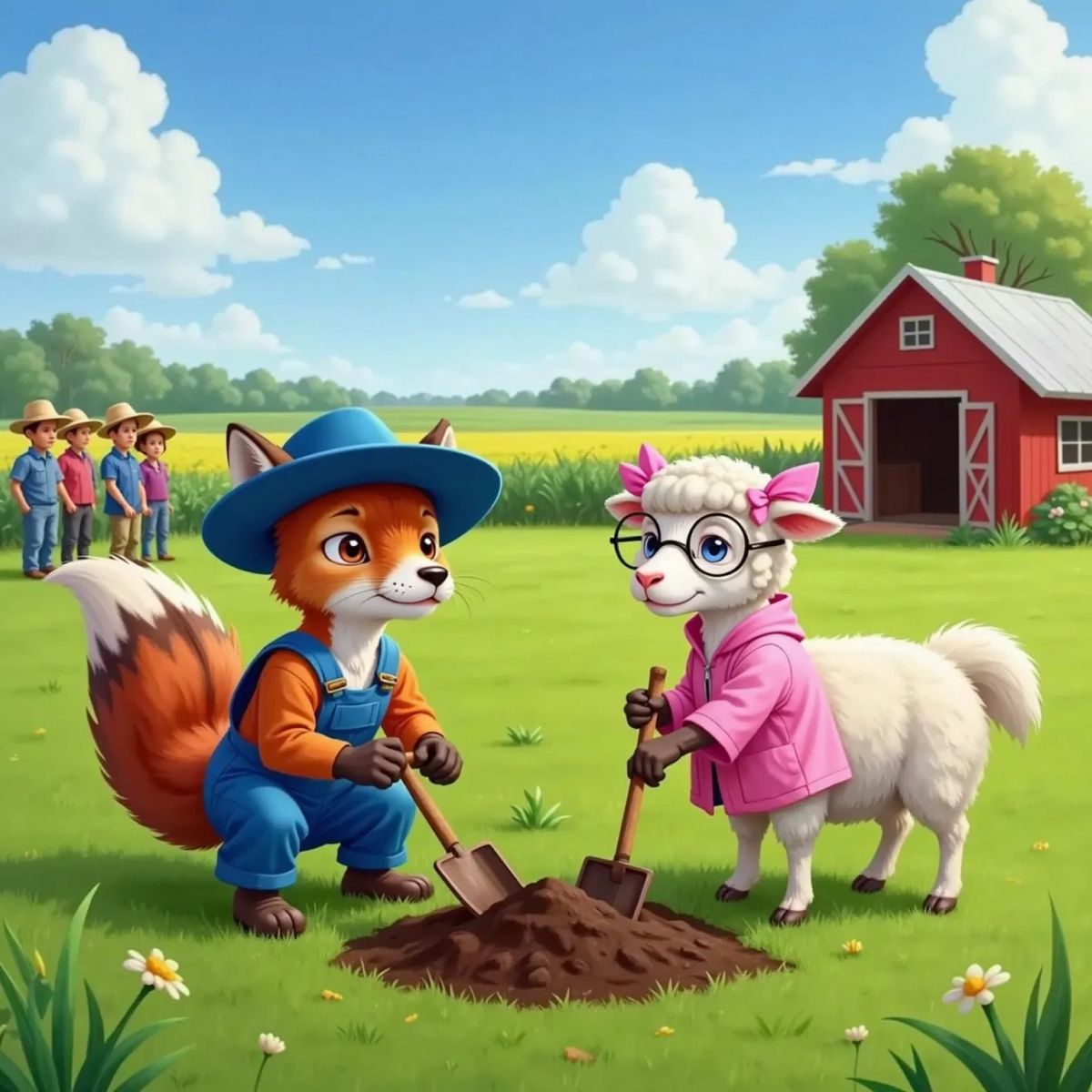 Sandy the Soil Scientist and Farmer Fox collecting soil samples on a farm, other farmers observing