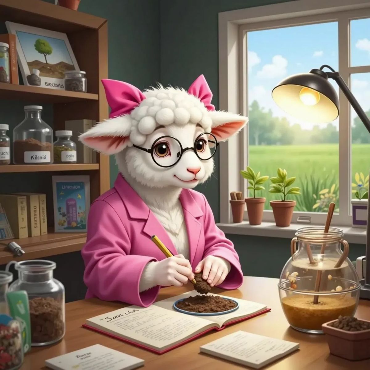 Sandy the Soil Scientist in her lab, examining soil samples and taking notes