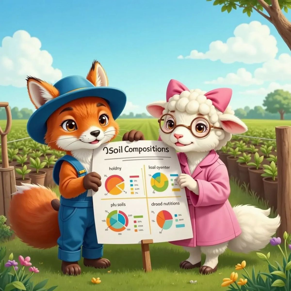 Sandy the Soil Scientist and Farmer Fox studying colorful charts, both looking excited