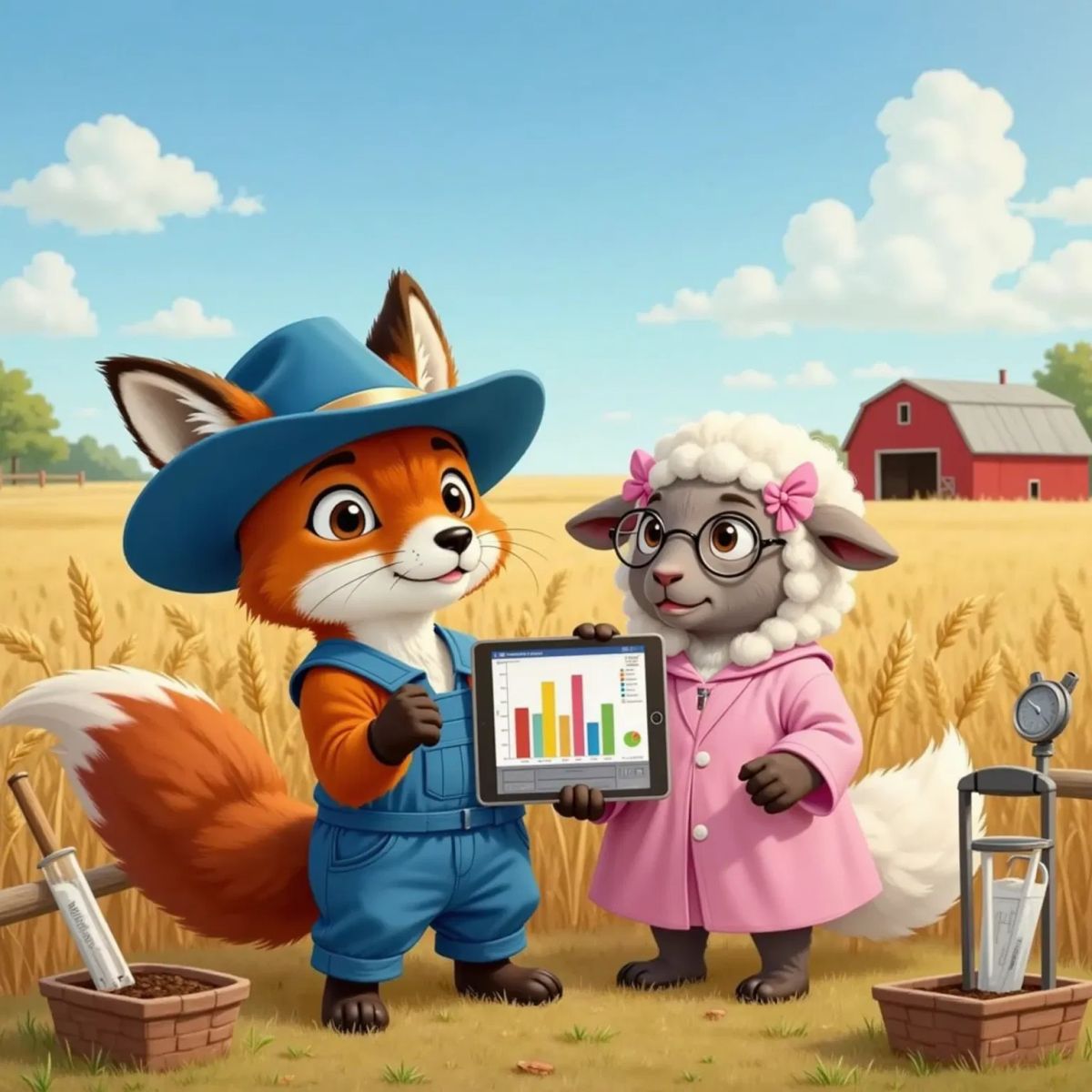 Sandy the Soil Scientist reviewing data with Farmer Fox, both looking thoughtful