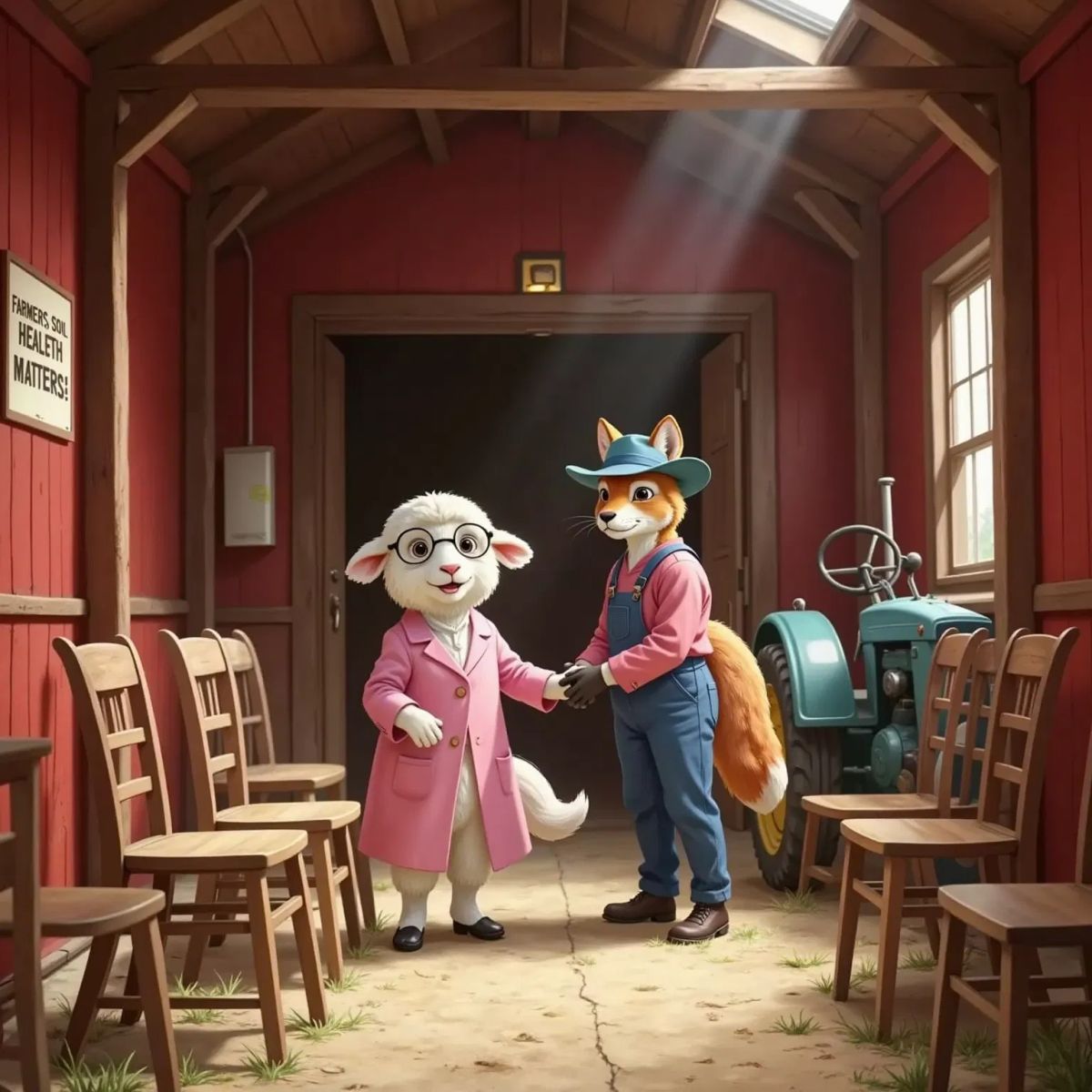 Sandy the Soil Scientist and Farmer Fox setting up chairs in a red barn for a farmer meeting