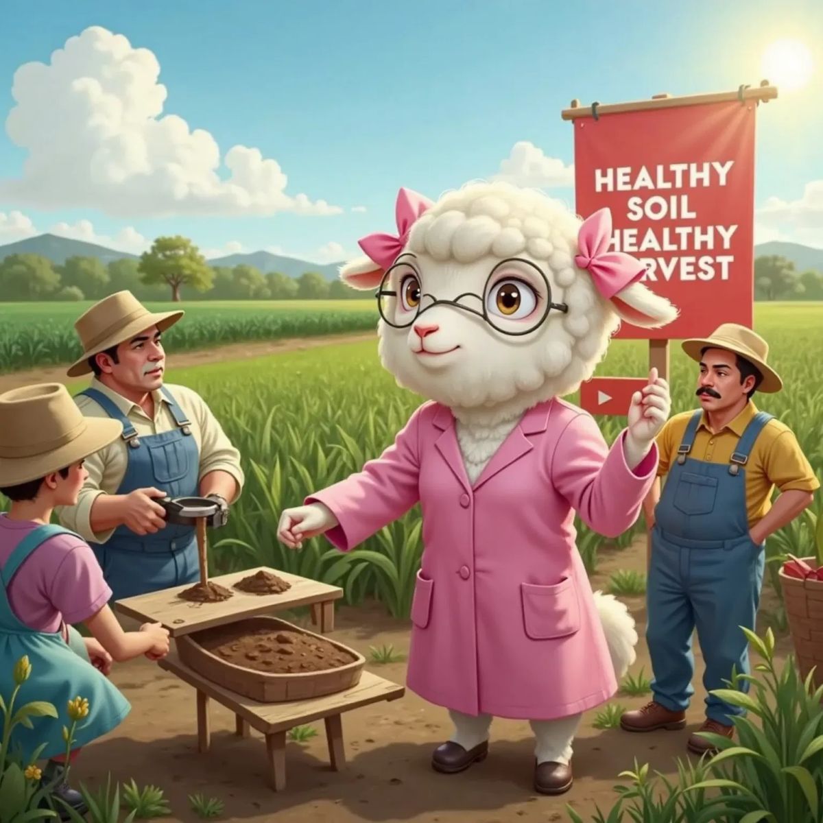 Sandy the Soil Scientist confidently addressing farmers, adjusting her pink bow