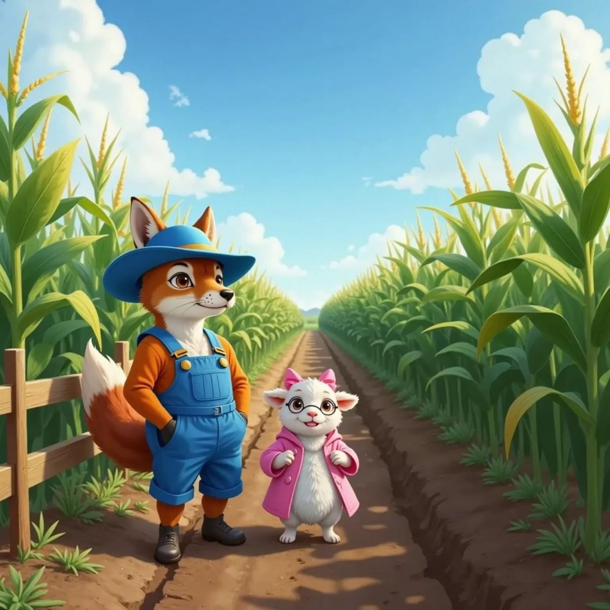 Farmer Fox's cornfield thriving under the summer sun, Sandy the Soil Scientist smiling proudly