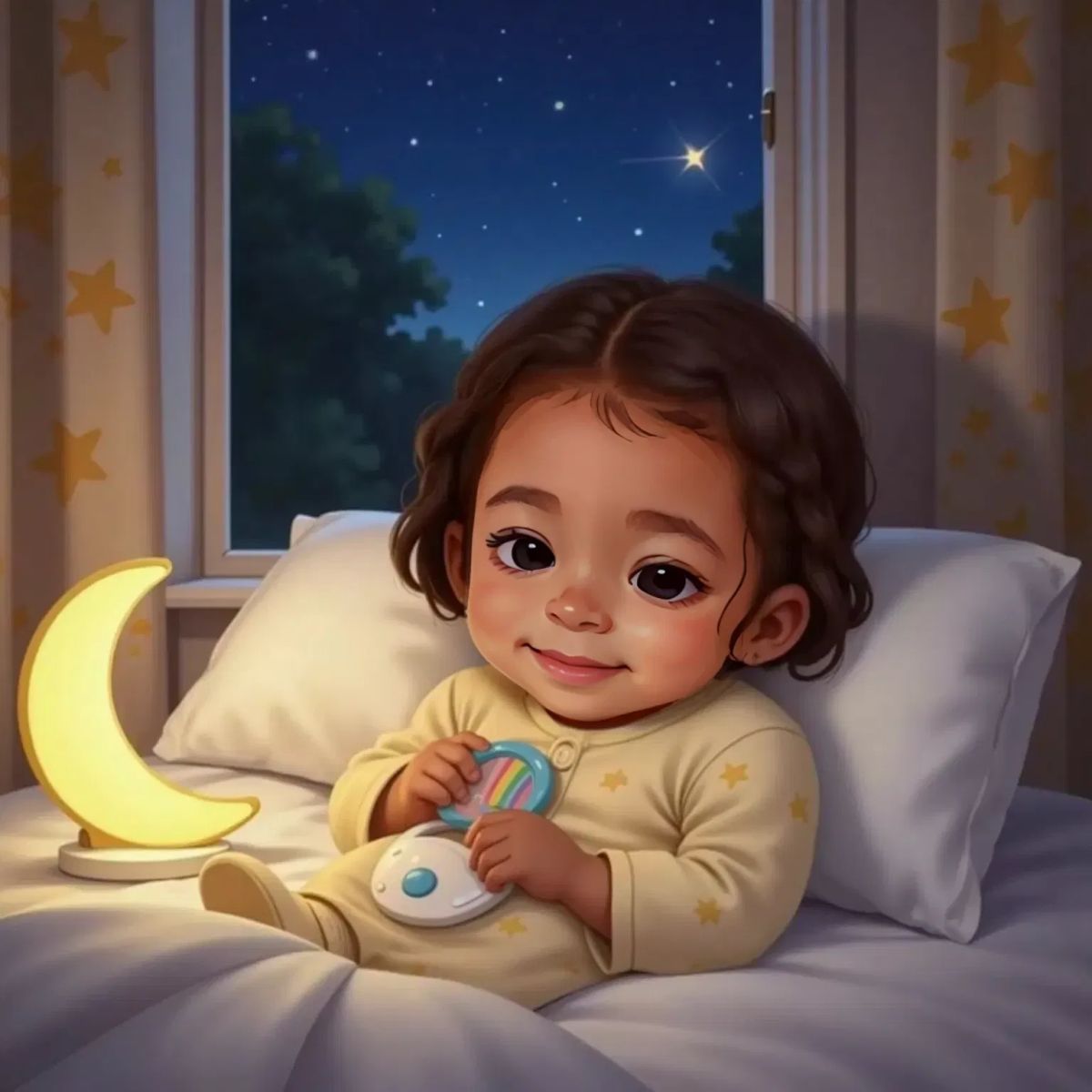 Clea looking comforted, holding Paci tightly in her hand, with a gentle and serene night background