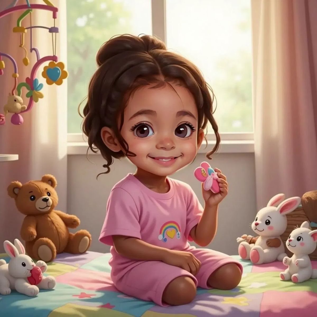 Clea holding Paci, a colorful pacifier with rainbow hearts, sitting on a bed with a big smile