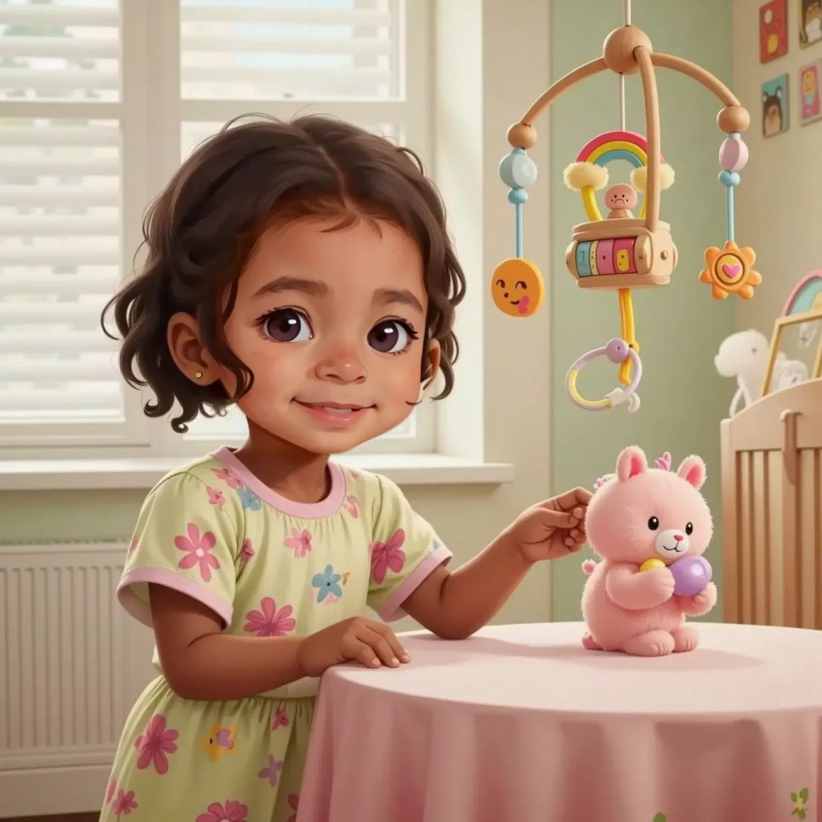 Clea using big words, helping her baby sister, with Paci observing proudly from a table