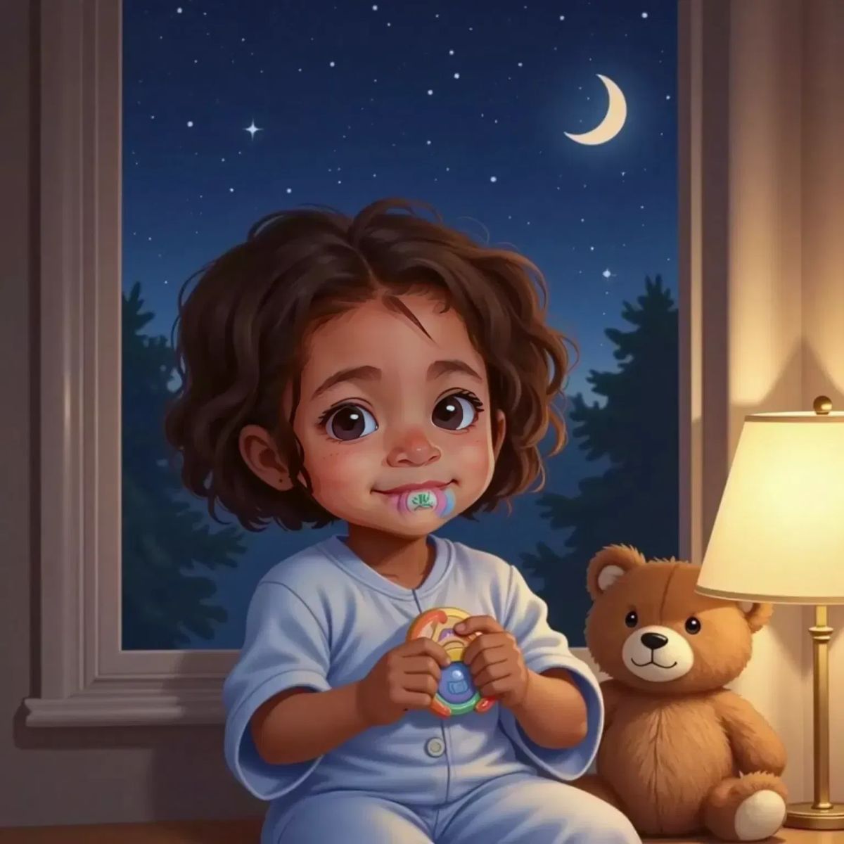 Clea looking thoughtful, holding Paci, with a night sky visible through the window