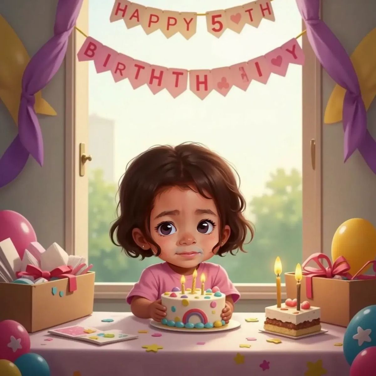 Clea planning with Paci, surrounded by birthday decorations, with a mix of excitement and sadness on her face