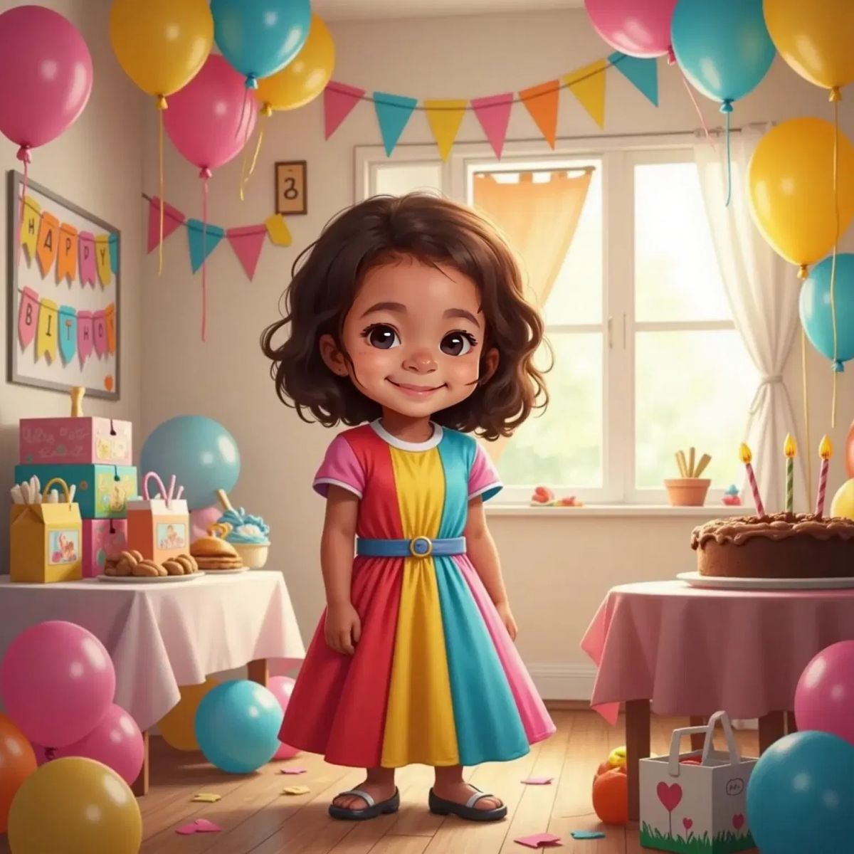 Clea in her favorite dress, surrounded by balloons, smiling during her birthday party