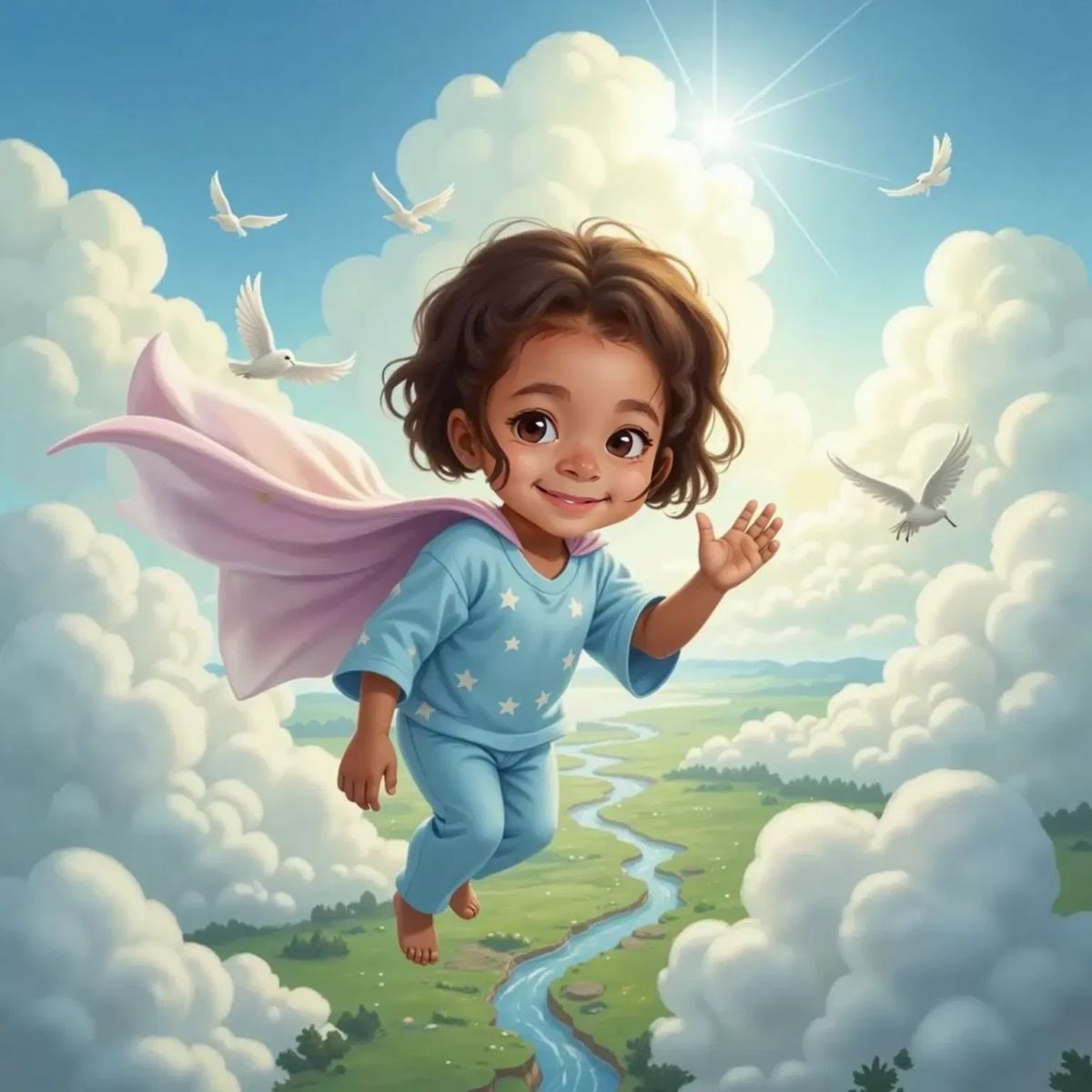 Clea dreaming, flying above clouds with a cape made of kindness, smiling