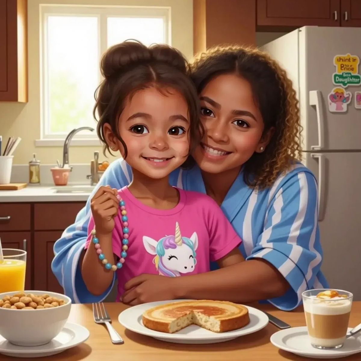 Clea showing her new bracelet at breakfast, her mom giving her a big hug