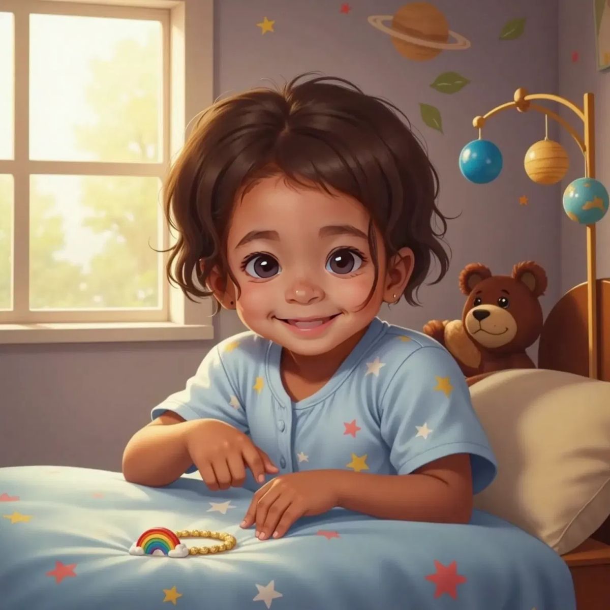 Clea waking up, finding a sparkly bracelet with a rainbow charm on her pillow