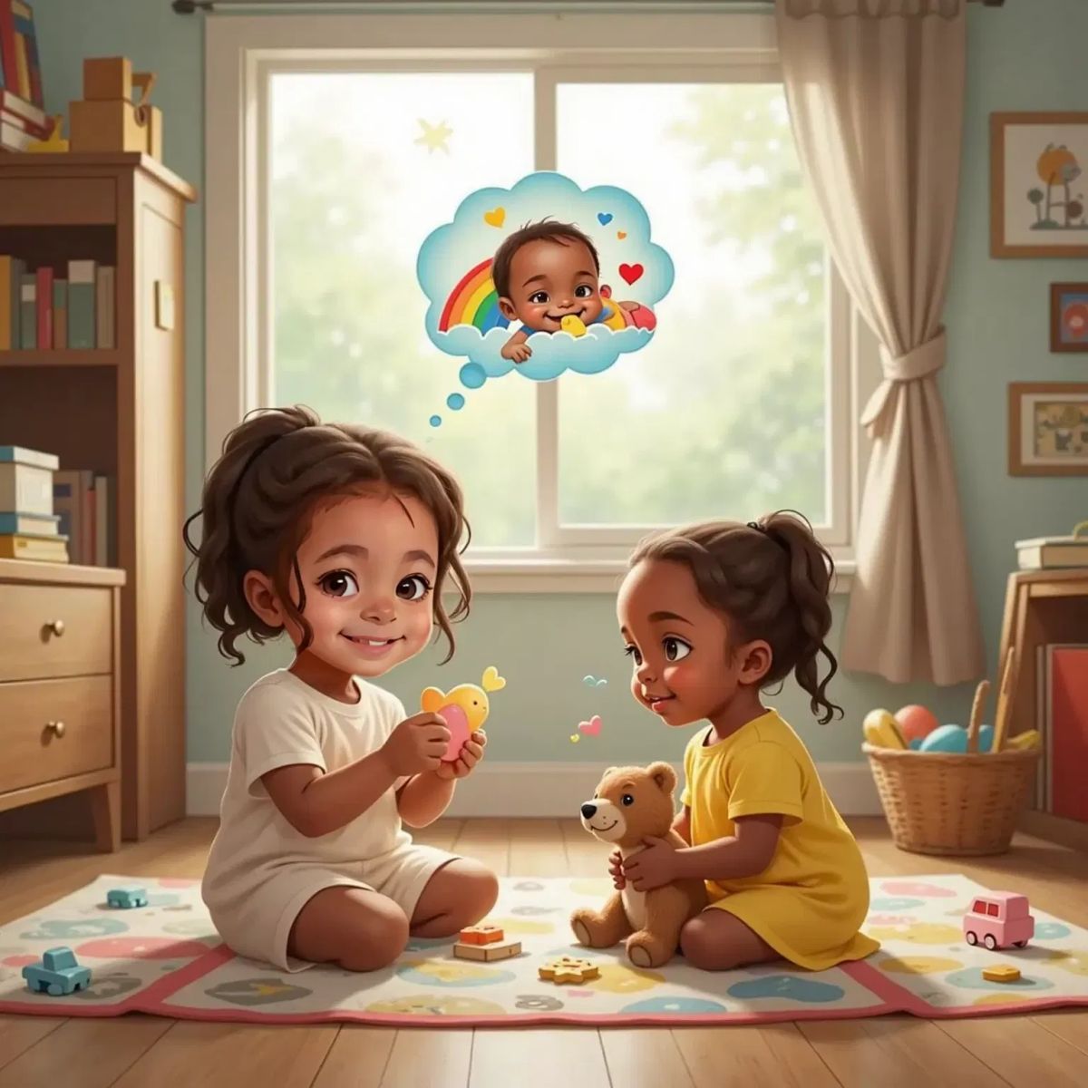 Clea smiling, imagining Paci comforting another baby, with her little sister nearby