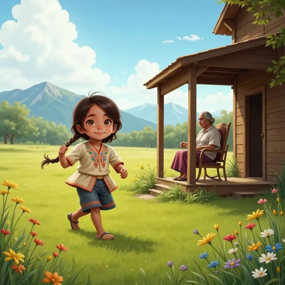 Felix running through a field with long brown hair, Grandmother watching with a loving expression from a porch