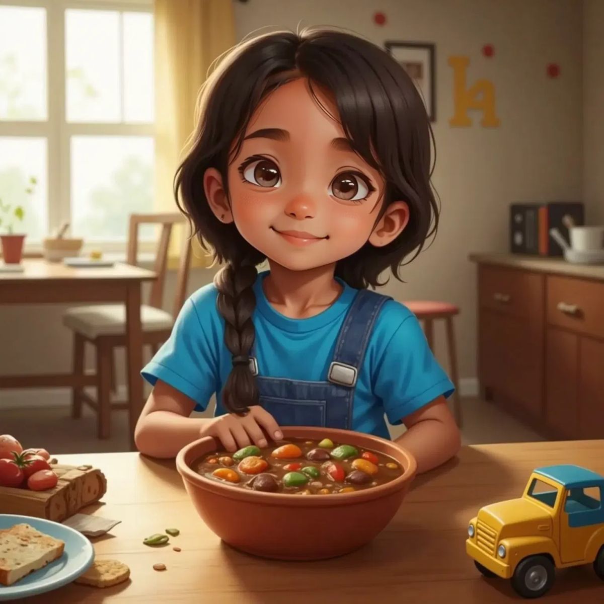 Felix with a messy face, sauce around his mouth, sitting at a table with a bowl of stew