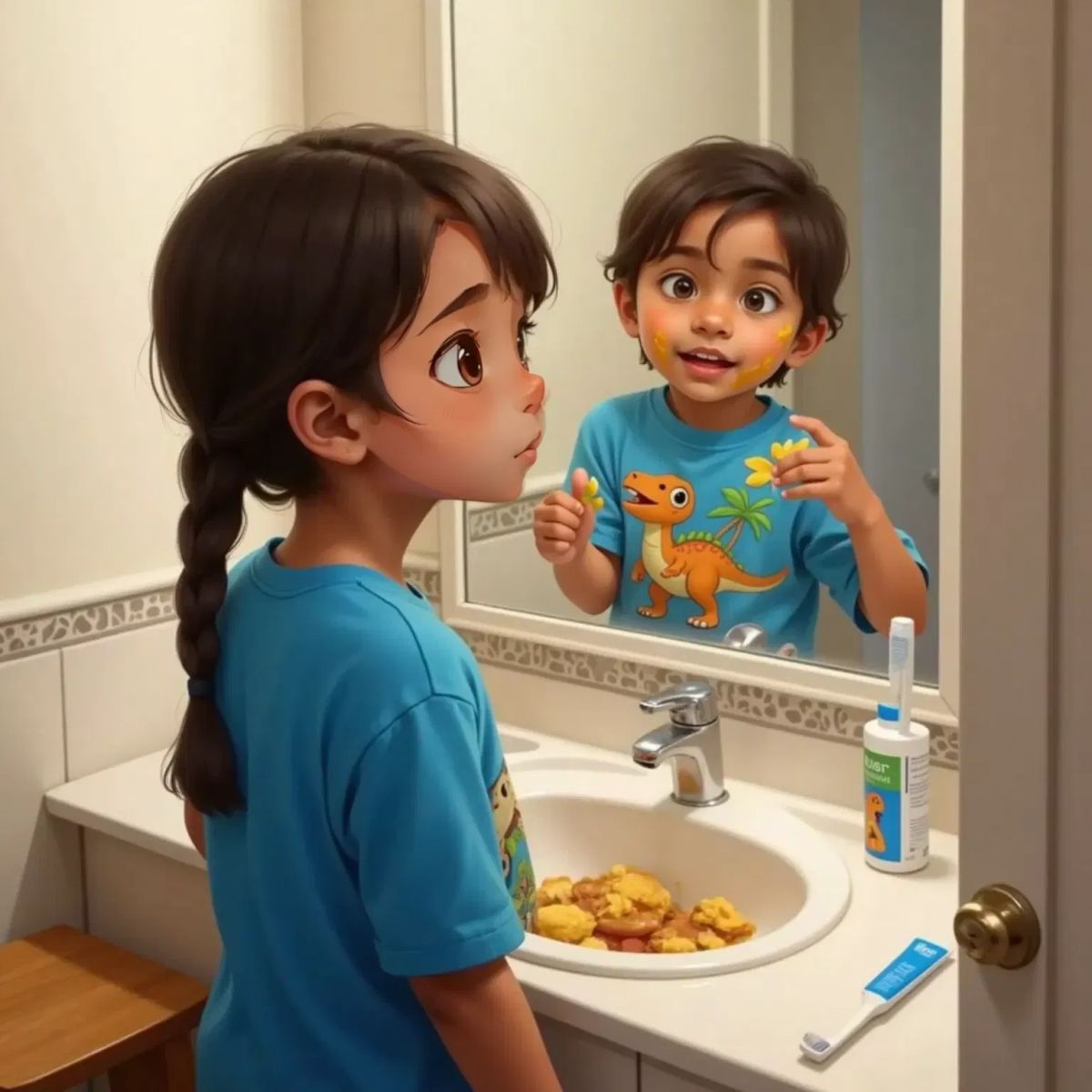 Felix looking in a mirror with a surprised expression, dried food on his face