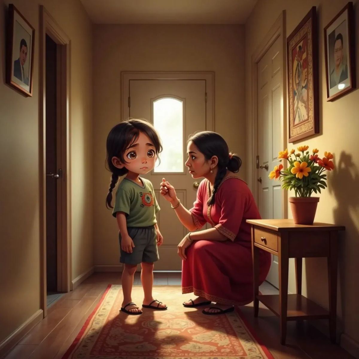 Grandmother with a concerned expression examining Felix's face in a hallway