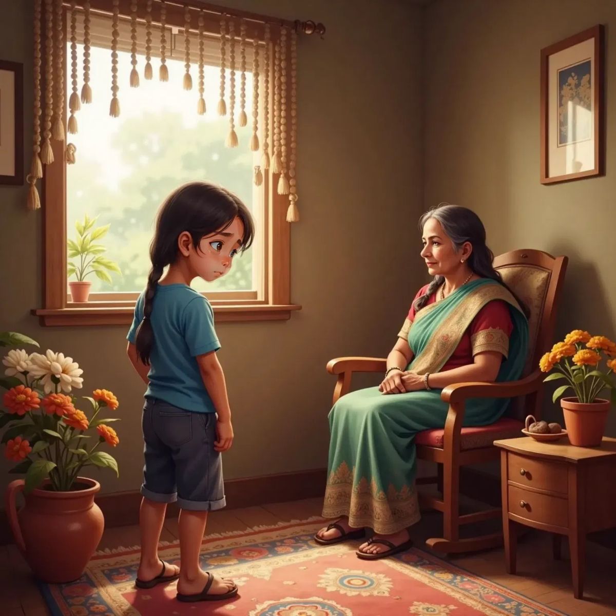 Felix looking down with a guilty expression, Grandmother nodding wisely