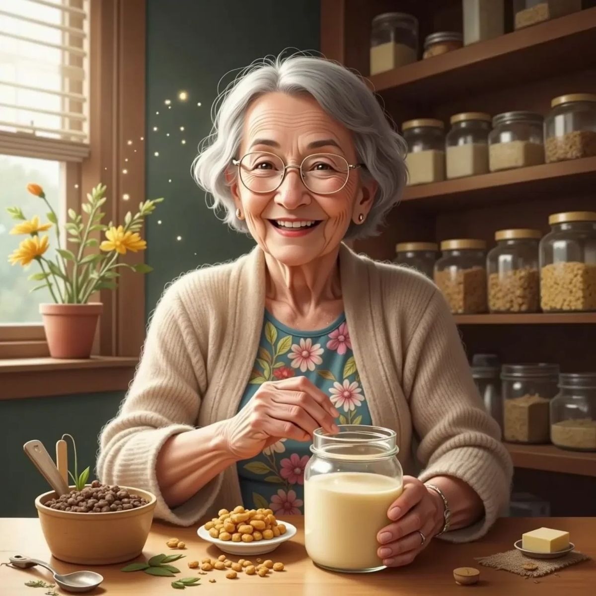 Grandmother explaining with a gentle smile, holding a jar of tallow