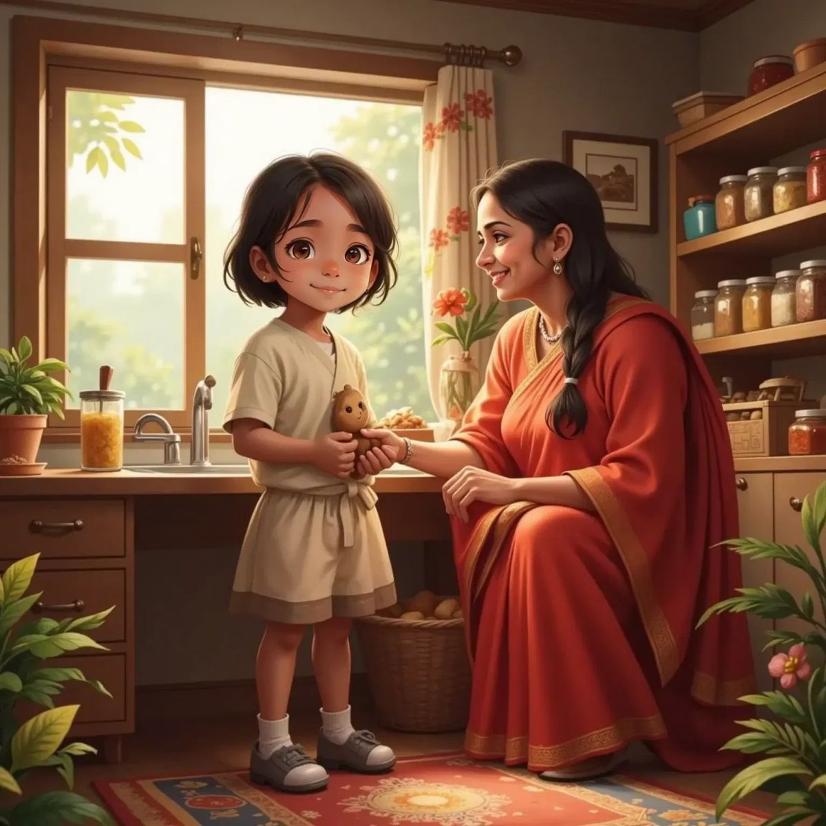 Felix and Grandmother standing together, Felix smiling with gratitude
