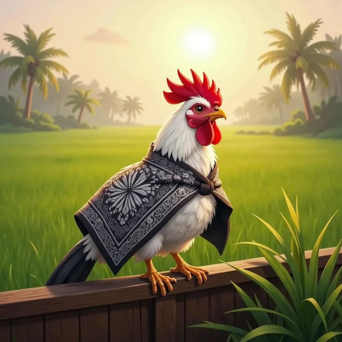 Gogo the Balinese rooster sitting quietly on a perch, his black and white sarong cloak drooping around him. The morning sun is rising in the background.