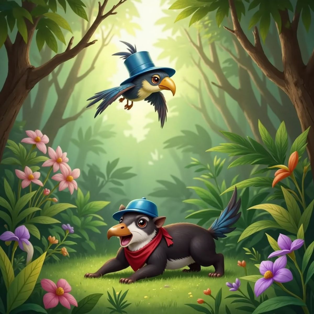 Wasi the bird of paradise with a blue hat fluttering above a quiet forest, looking concerned. A sleepy Tata the tapir with a red bandana yawning below.