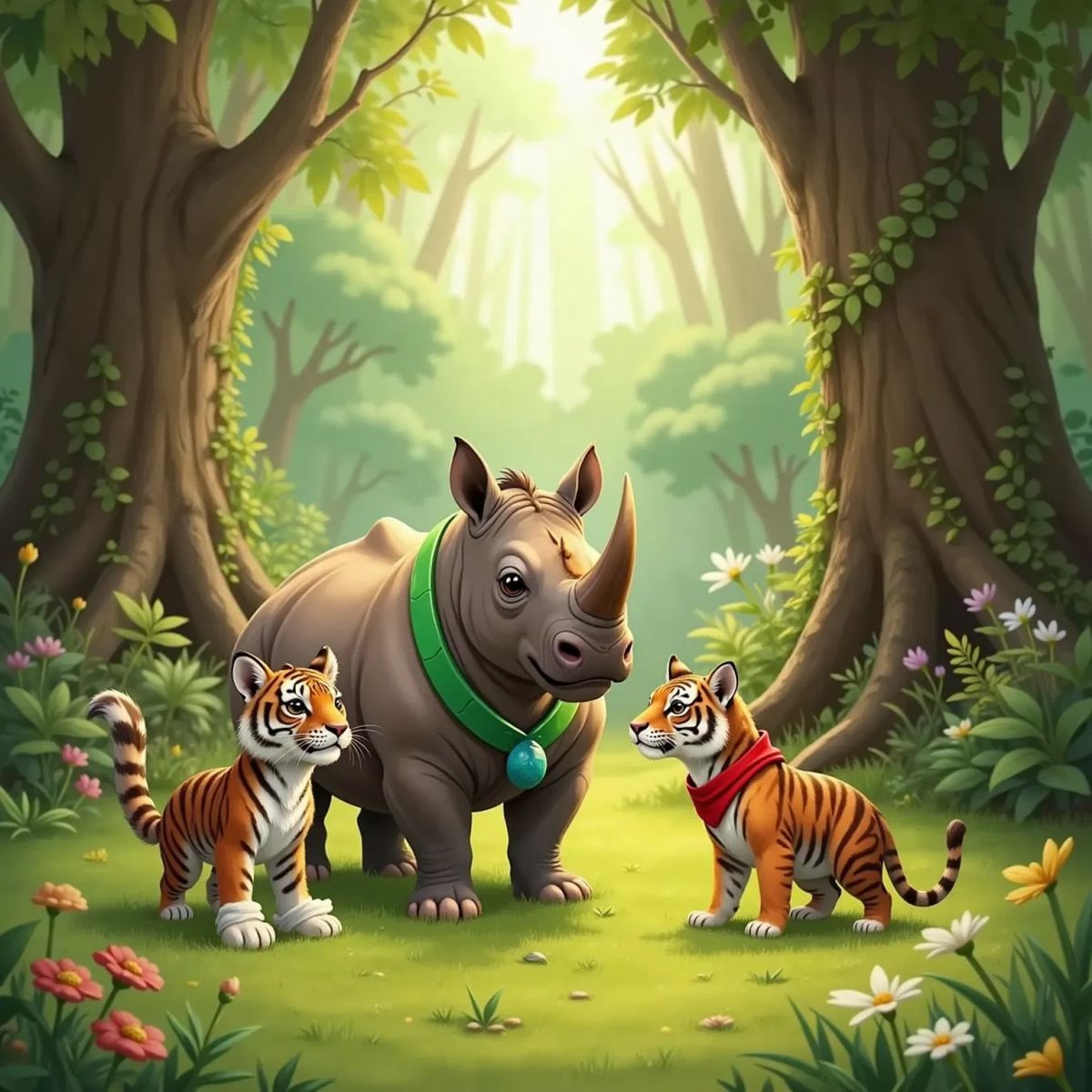 Dada the rhinoceros with a green necklace standing in sunlight, suggesting a plan. Rima the tiger with white shoes and Tata the tapir with a red bandana listening.