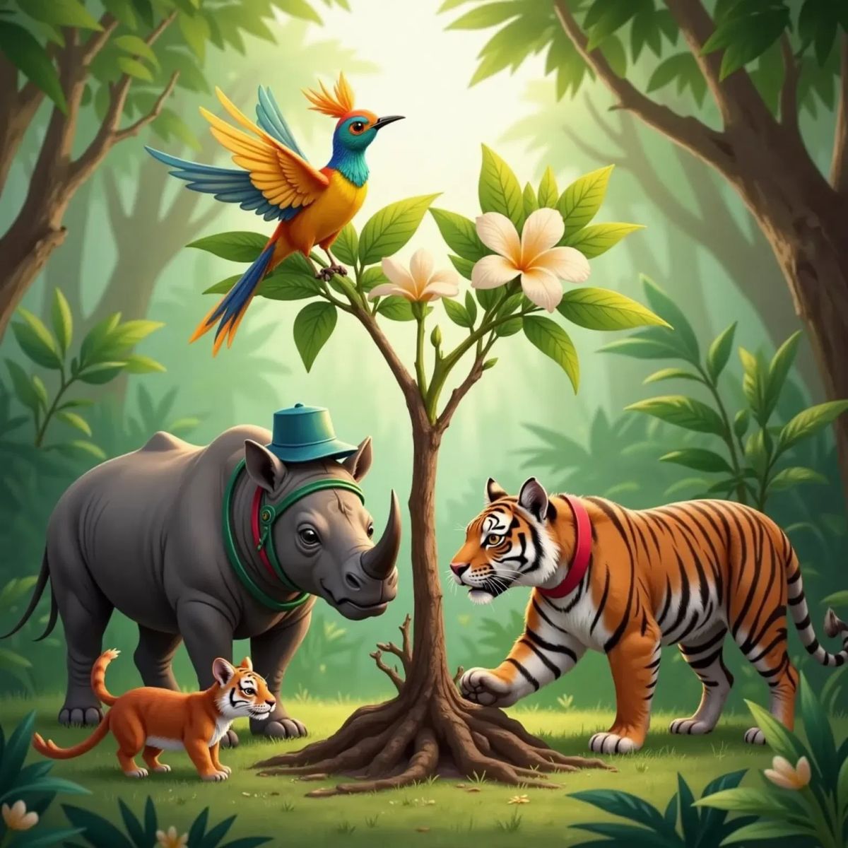 Wasi the bird of paradise with hovering near a frangipani tree. Dada, Rima, and Tata carefully digging around the tree, a forest in the background.