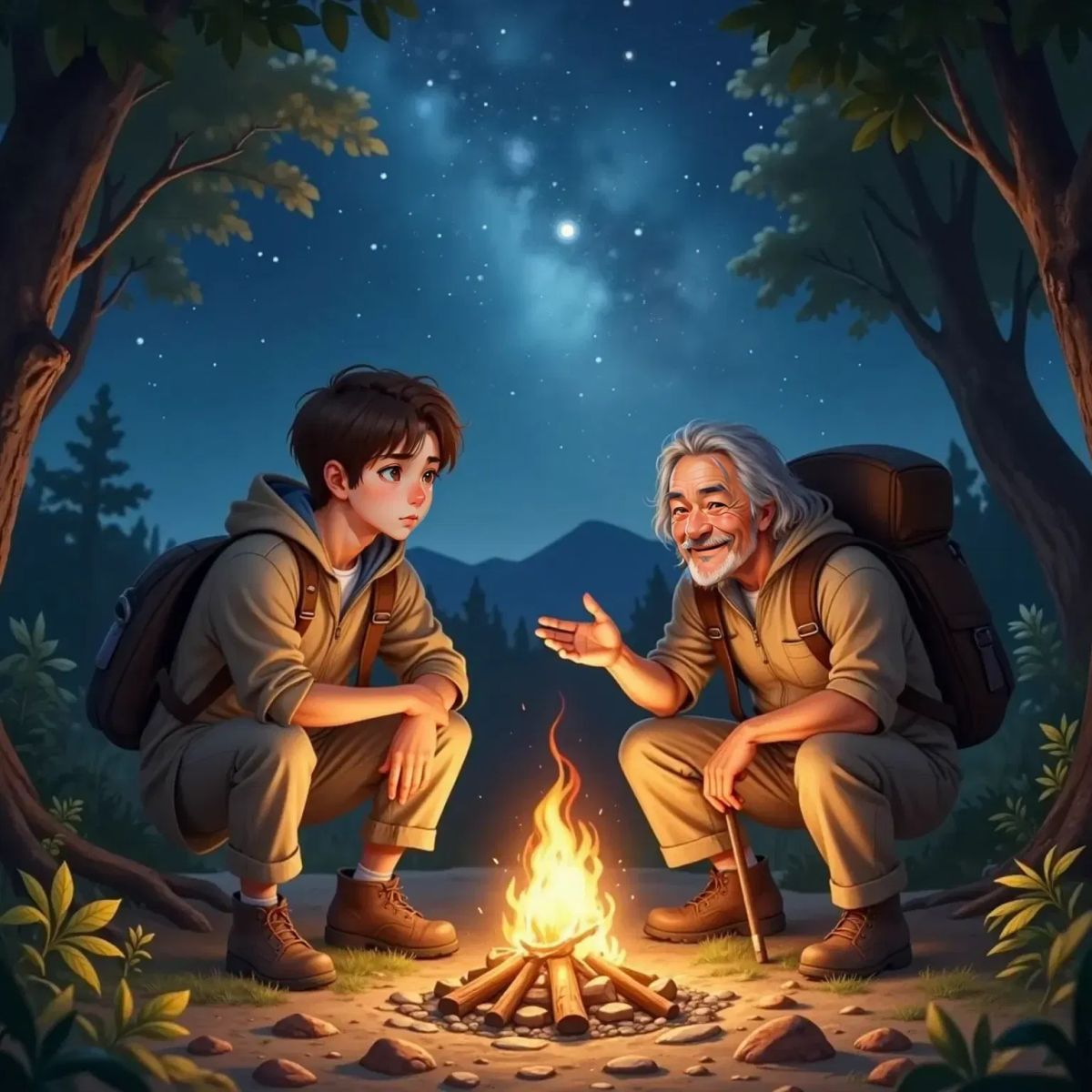 The Explorer sitting by a campfire, listening intently to an old traveler. A night sky with stars in the background.