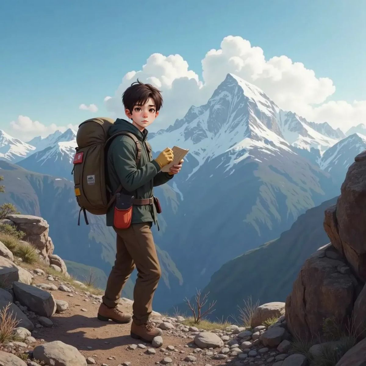 The Explorer climbing a steep mountain path, a map in hand. Snow-capped peaks and clouds in the background.