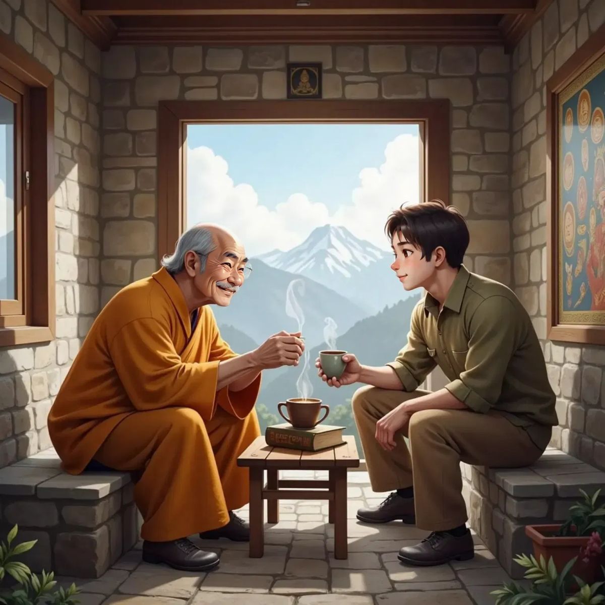 The Monk welcoming the Explorer with a warm smile, offering a cup of tea in a humble monastery.