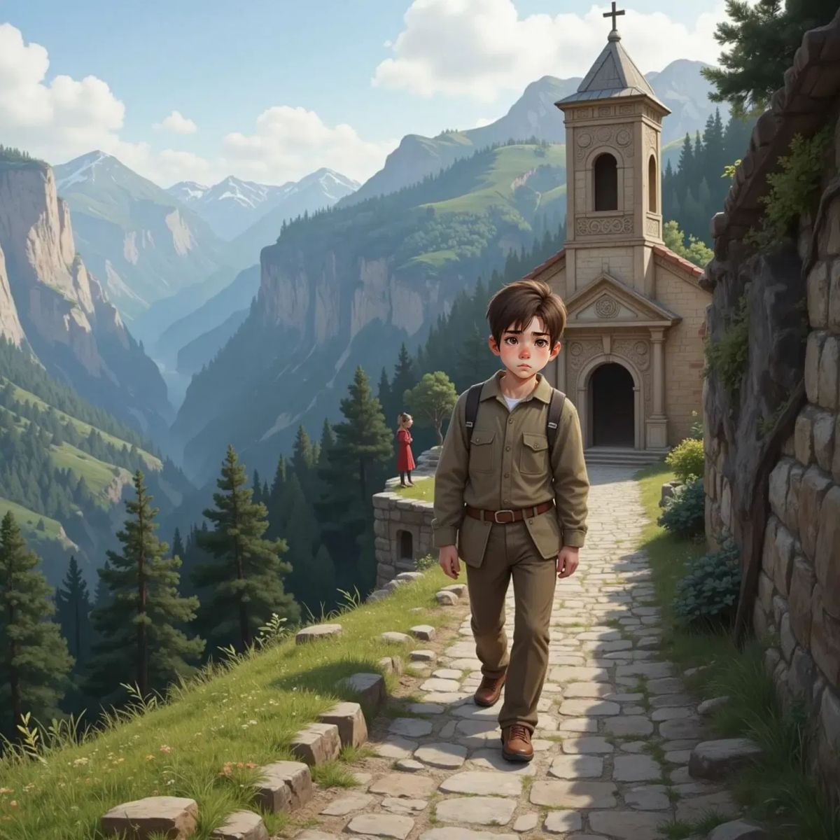 The Explorer with slumped shoulders, leaving the monastery with a disappointed expression. A path leading down the mountain.