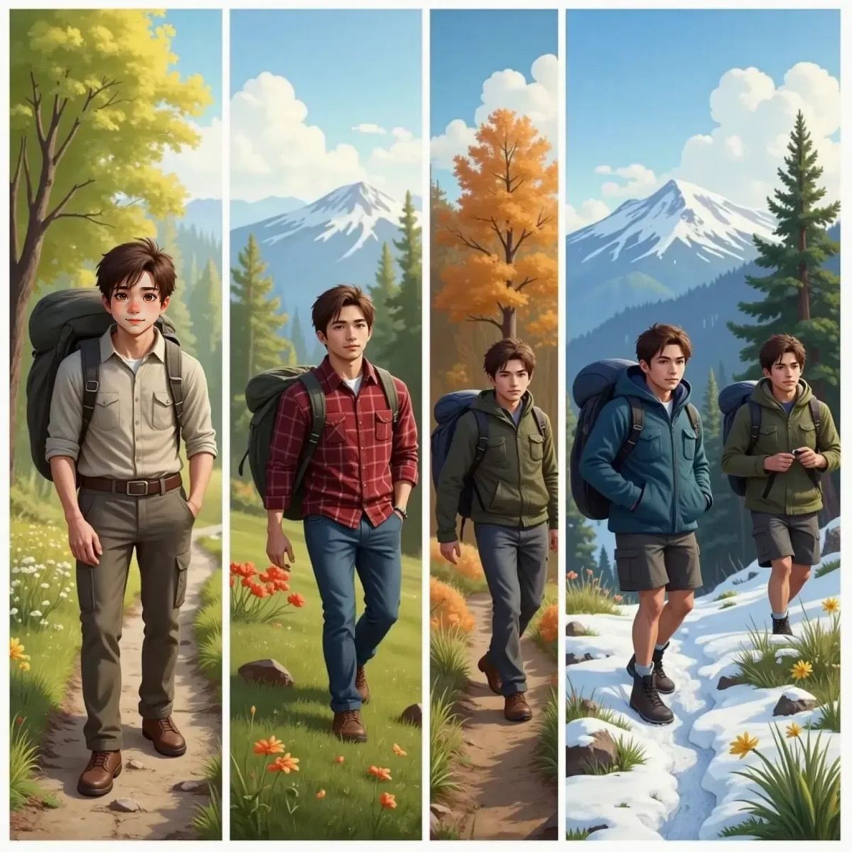 The Explorer walking through different seasons: summer, autumn, winter, and spring, with a mountain path in each scene.