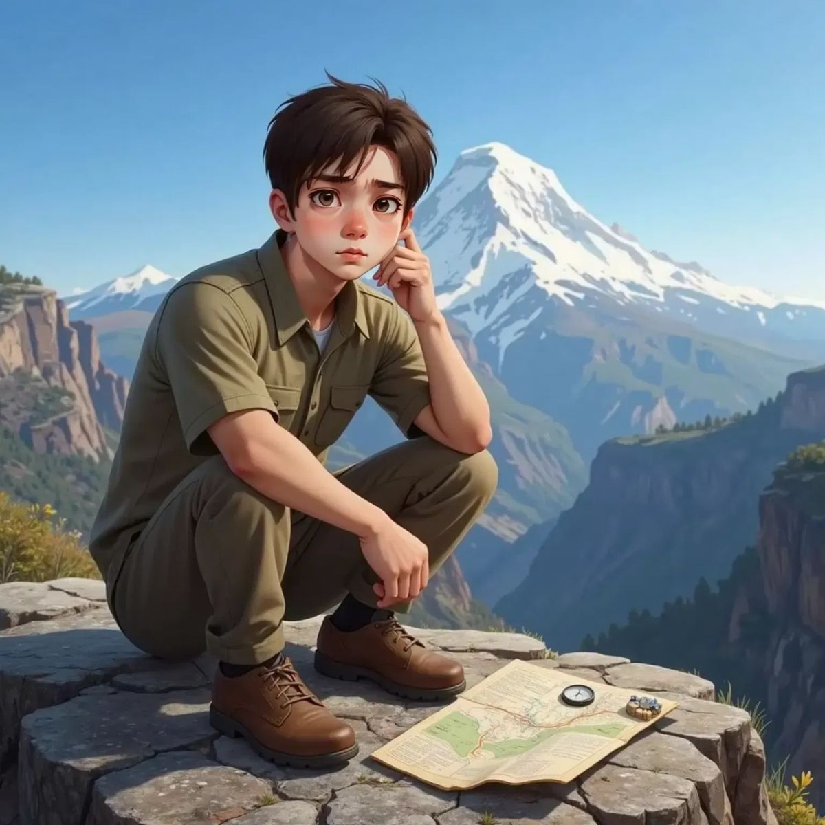The Explorer sitting on a rock, looking frustrated and thoughtful, with a mountain in the background.