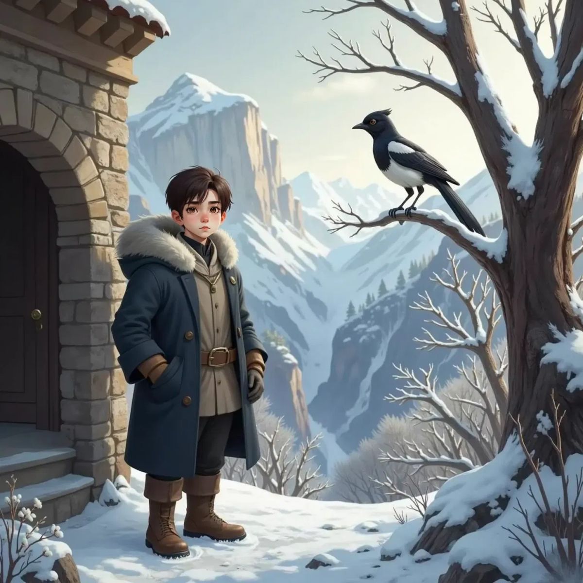 A Magpie perched on a branch outside the monastery, looking at the Explorer with intelligent eyes. A snowy landscape in the background.