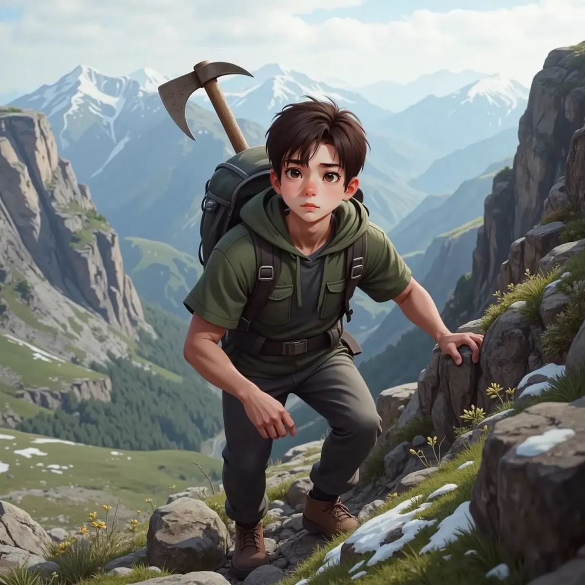 The Explorer climbing the mountain again with determination, a heavy sigh on his face. A cloudy sky above.