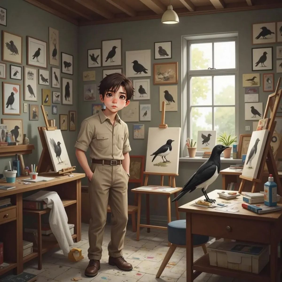 The Explorer peeking into a room filled with hundreds of Magpie paintings, some half-finished, others flawed.