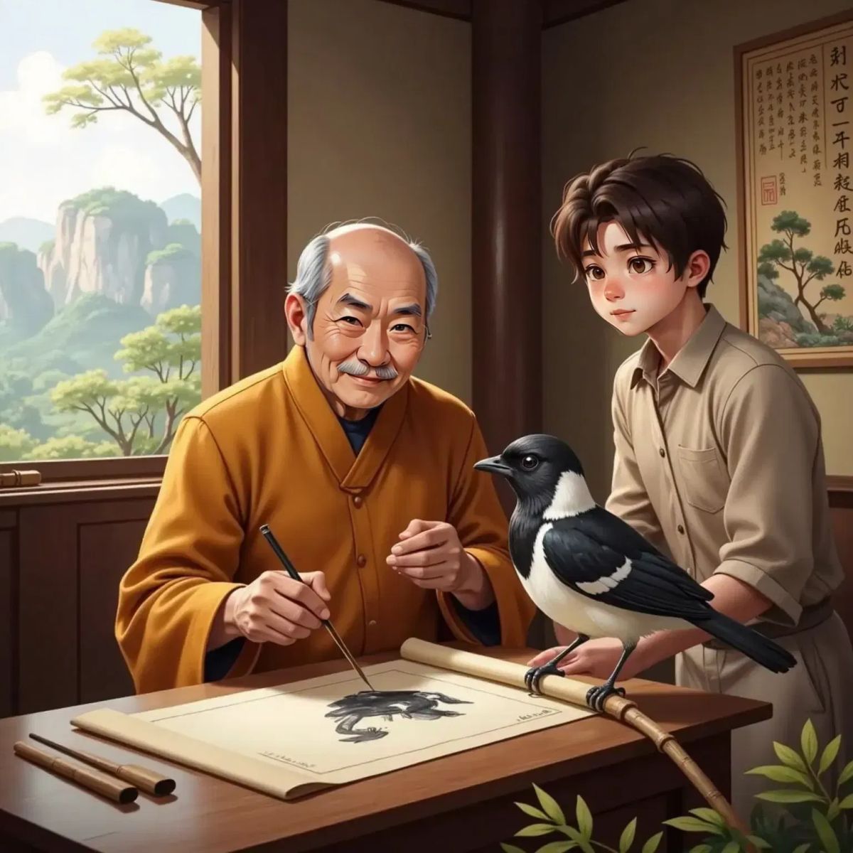 The Monk painting a stunning Magpie with swift brushstrokes, the Explorer watching in amazement.