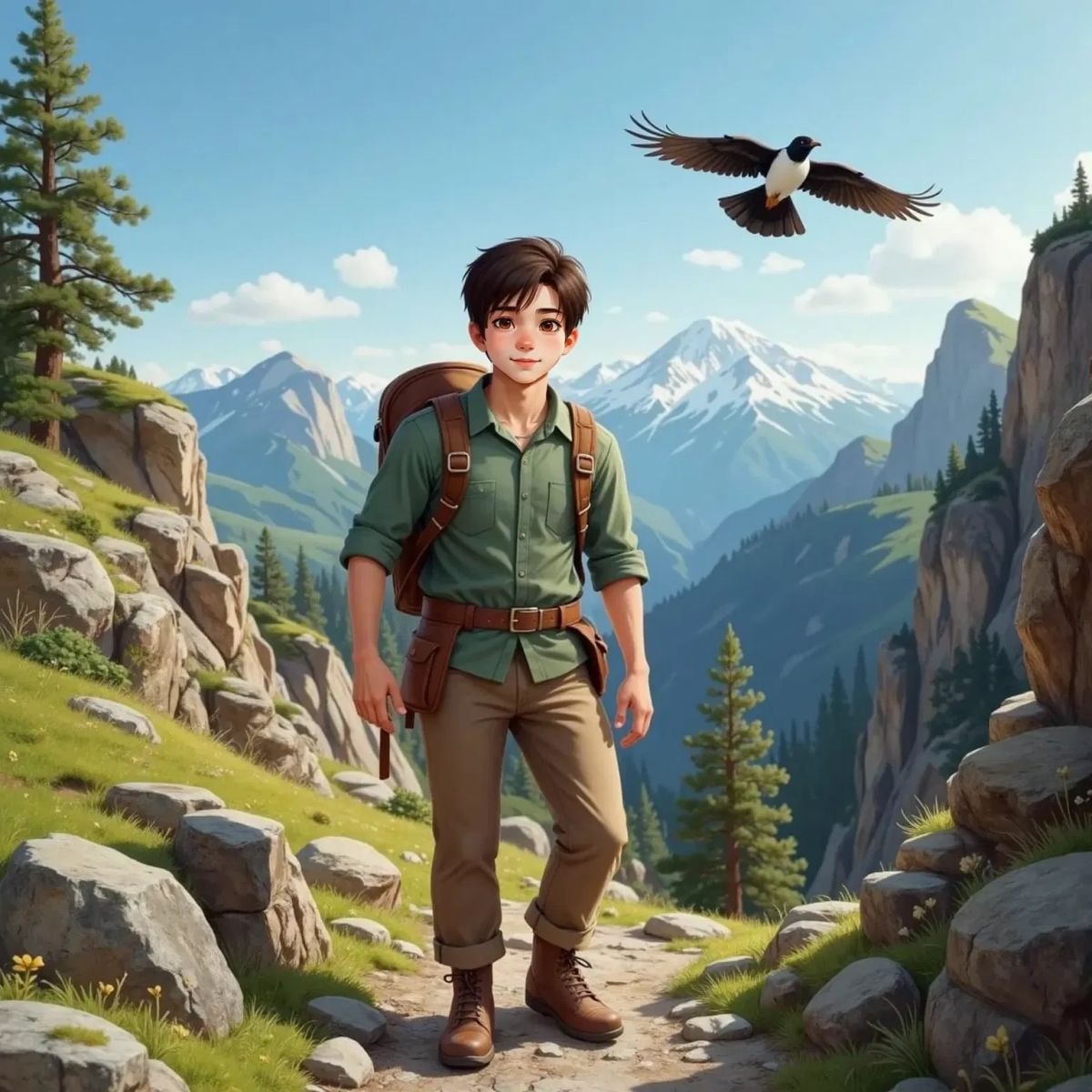 The Explorer descending the mountain, smiling, with a Magpie flying overhead. Sunlight illuminating the scene.