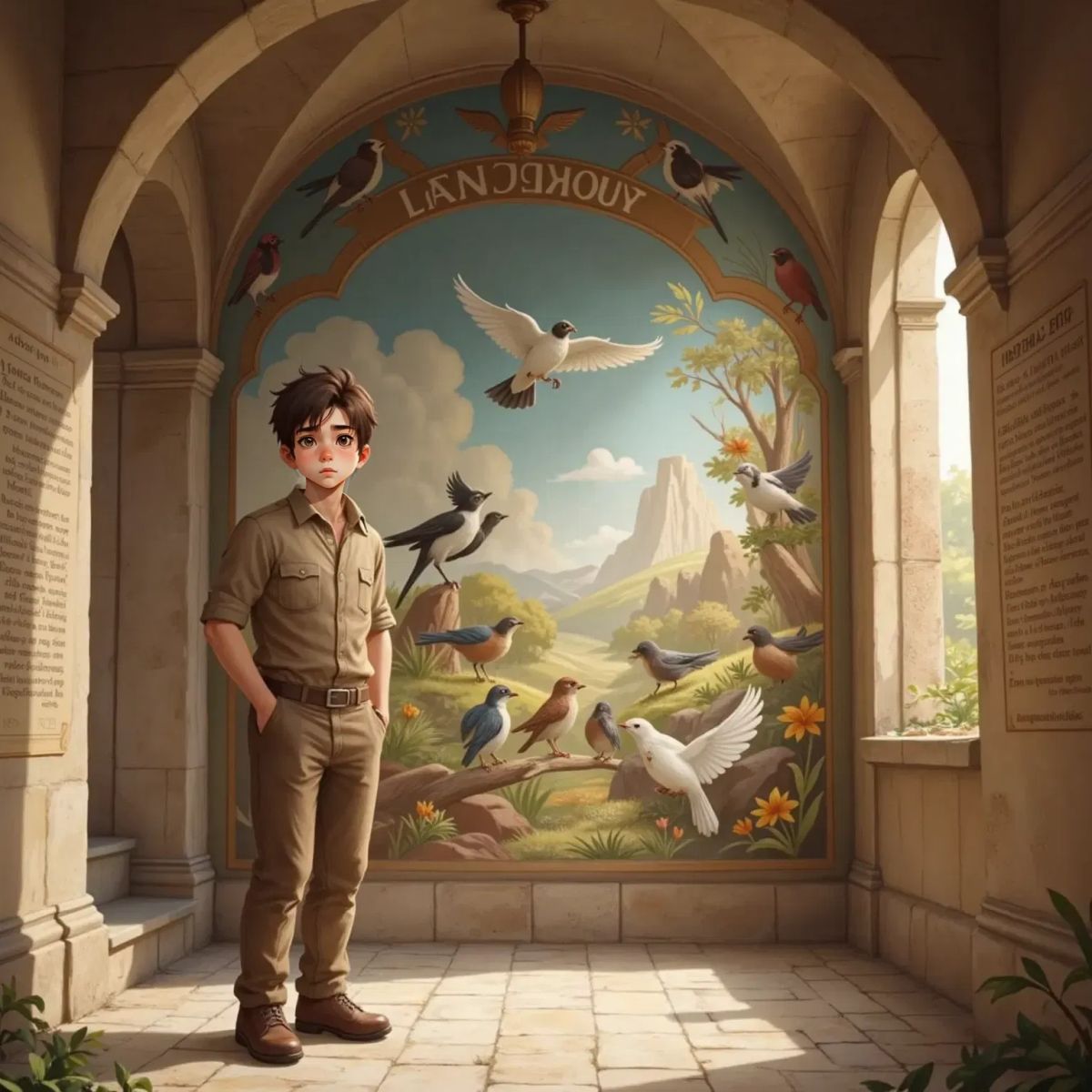 The Explorer standing in the monastery, a look of understanding and realization on his face. Paintings of Magpies visible in the background.