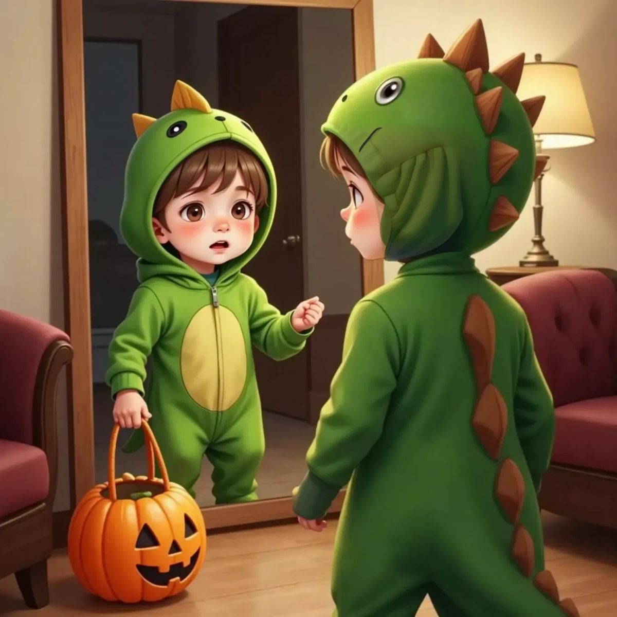 Oliver in a green dinosaur costume with spiky scales, standing in front of a mirror. A pumpkin-shaped trick-or-treat bag on the floor.