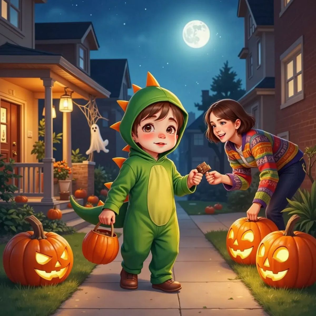 Oliver in his green dinosaur costume walking down a street lined with glowing jack-o-lanterns. A smiling neighbor handing him a chocolate bar.