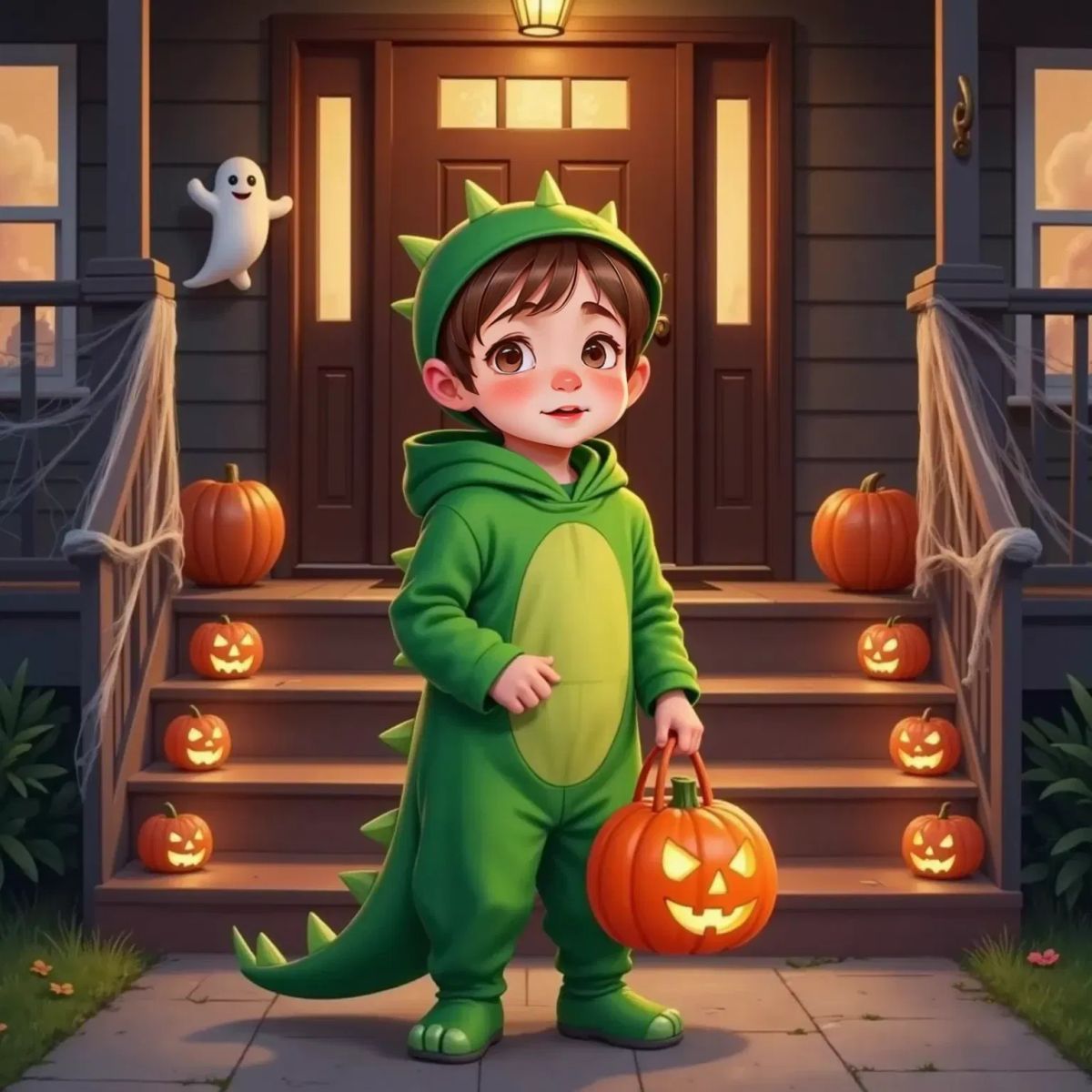 Oliver in his green dinosaur costume standing in front of a house with spider webs and ghost decorations. Clutching his pumpkin bag tightly.