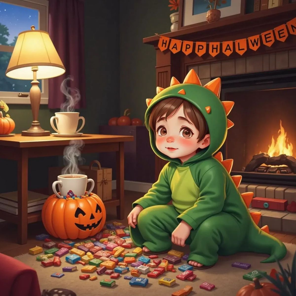 Oliver sitting on the living room floor, surrounded by candy. A steaming mug of hot chocolate on a nearby table.