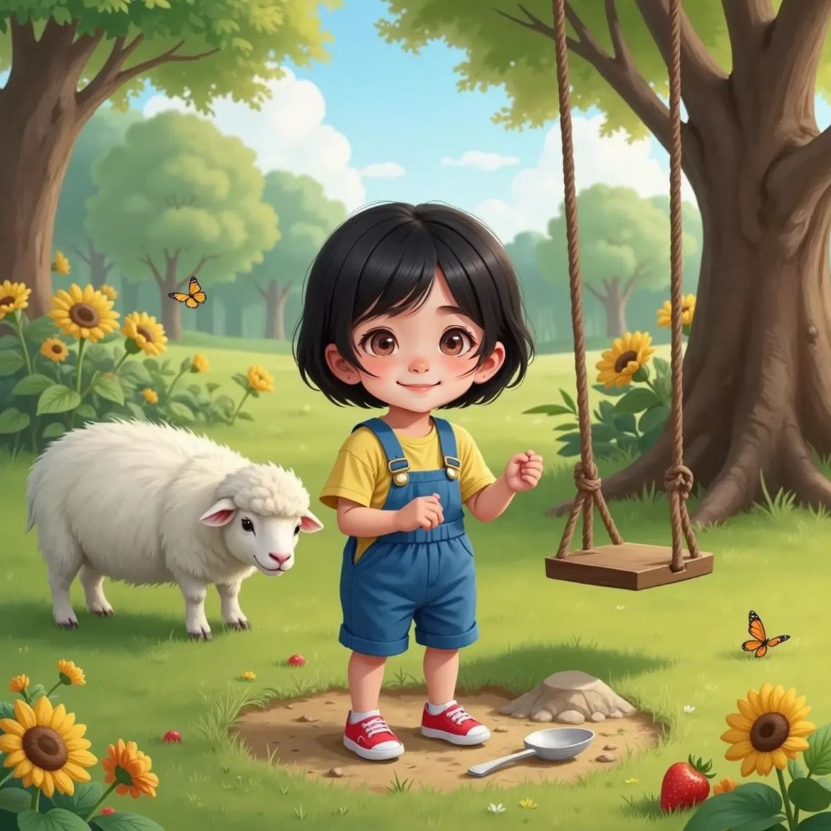 Sam, a 6-year-old girl, standing in a sunny park with a curious expression, looking at objects around her that start with S