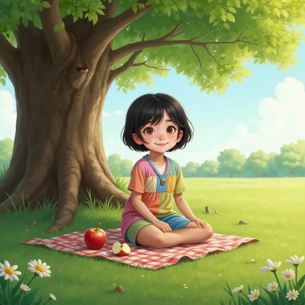 Sam sitting cross-legged in a shady spot under a tree, with a content smile on her face