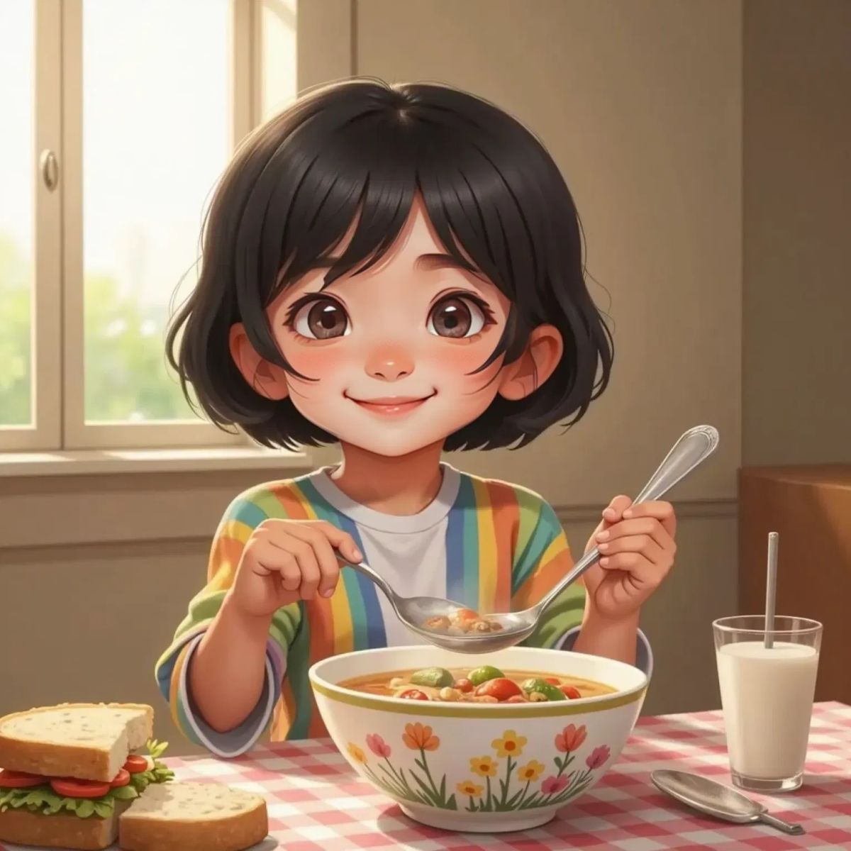 Sam holding a silver spoon that sparkles in the sunlight, with a bowl of soup on a table in front of her