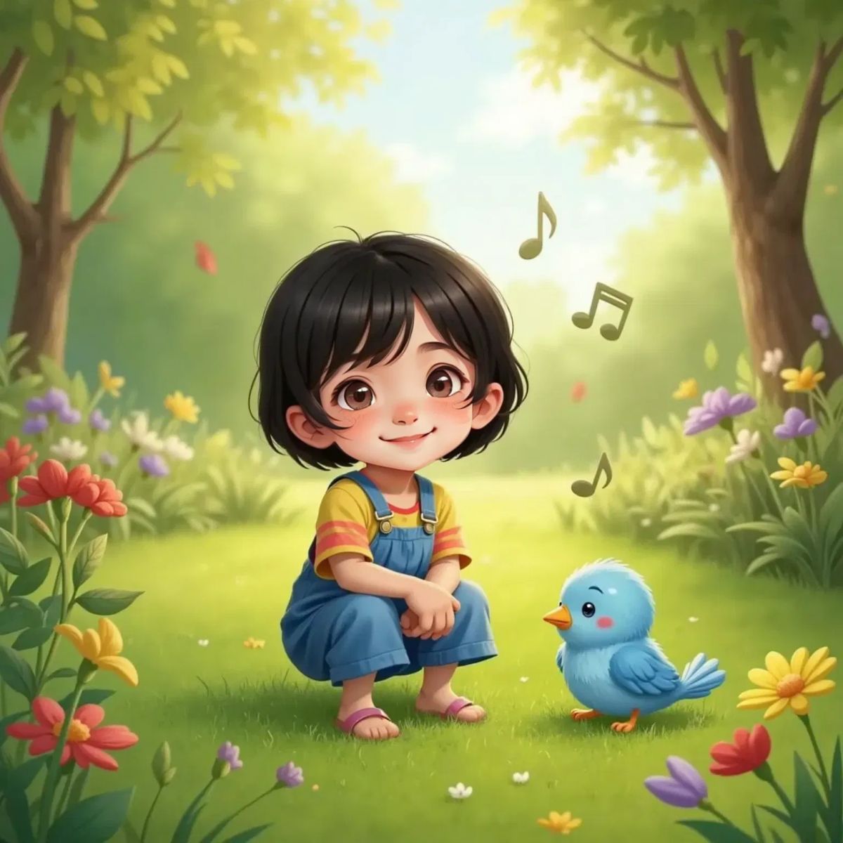Sam kneeling beside a small blue bird with a droopy expression, Sam singing with musical notes visible around her